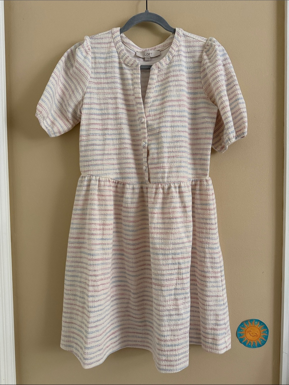 LOFT Cotton Blend Cream Dress with Pastel Pink, Blue & Yellow Stripes - Size S